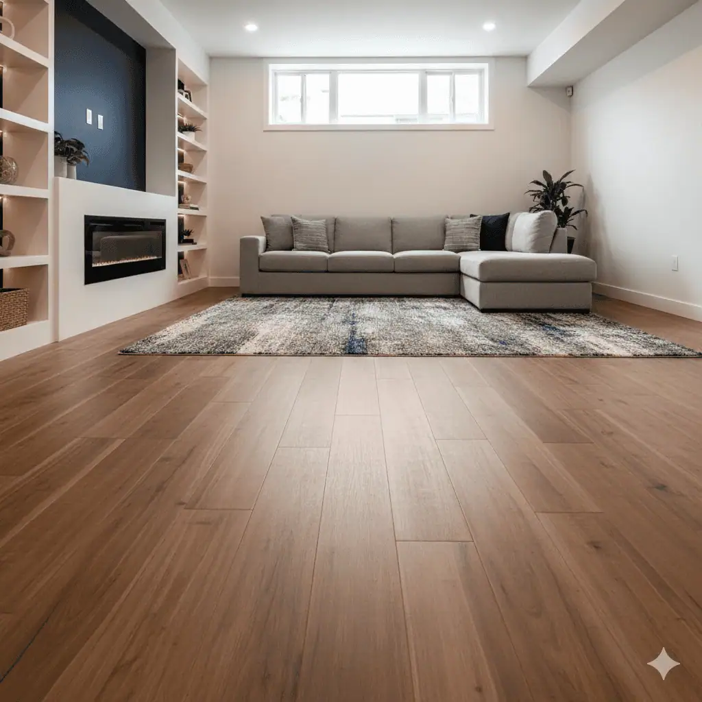Modern LVP flooring installation in an Etobicoke basement renovation.