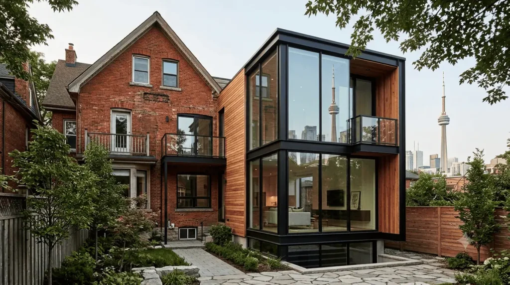 Rear view of a unique Toronto residence showcasing the stark contrast between a traditional, multi-level red brick house and a contemporary glass and wood-clad addition. The modern wing features extensive floor-to-ceiling windows and a clean, cantilevered design. The CN Tower is visible in the urban skyline. The foreground includes a landscaped garden, stone walkways, and a wood fence.