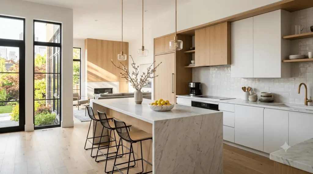 Modern luxury Toronto kitchen renovation with a marble waterfall island, natural oak cabinetry, and black-frame windows.